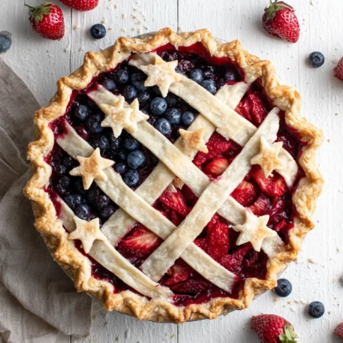 4th of July pie with red strawberries, blue blueberries, and golden crust stars and stripes