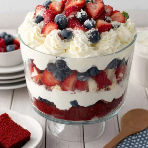4th of July trifle with red velvet cake, strawberries, blueberries, and whipped cream in a glass bowl