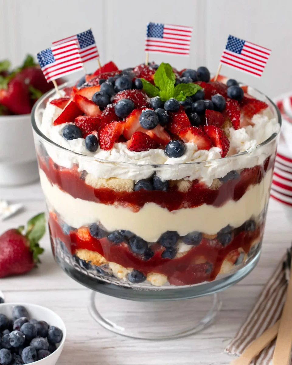 4th of July trifle with red strawberries, blue blueberries, and white cream in a glass bowl