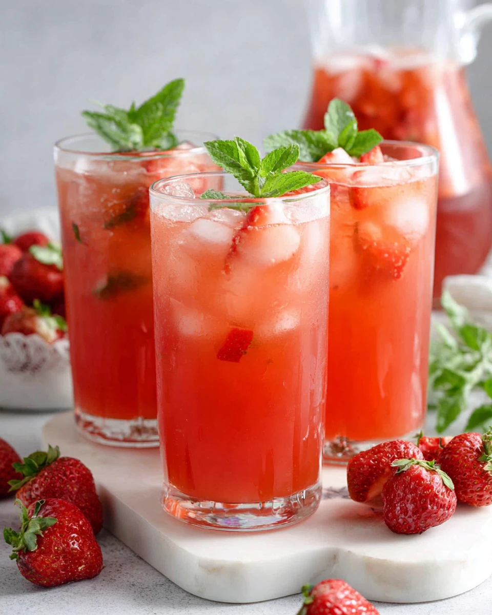 Refreshing agua de fresa in glasses with ice, mint, and fresh strawberries