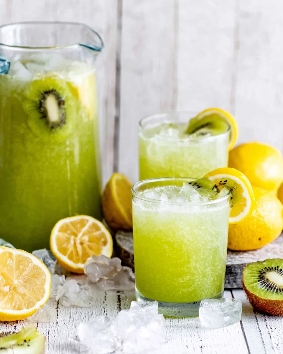 Bright green agua de kiwi in a pitcher and glasses with lemon slices and ice