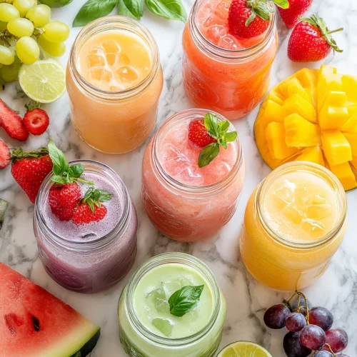 Colorful agua frescas with fresh fruit garnishes on marble surface