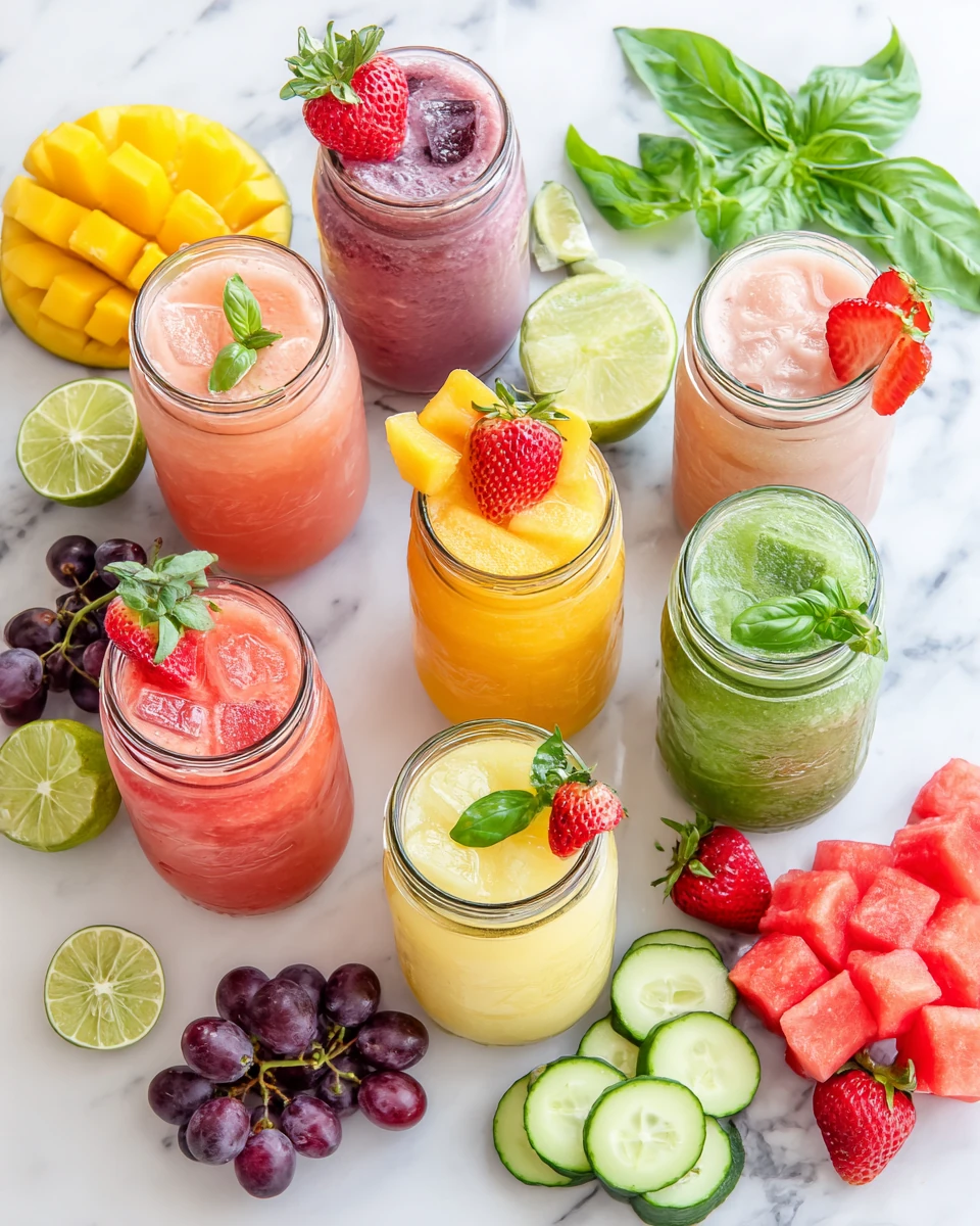 Colorful agua frescas with fresh fruit garnishes on marble surface
