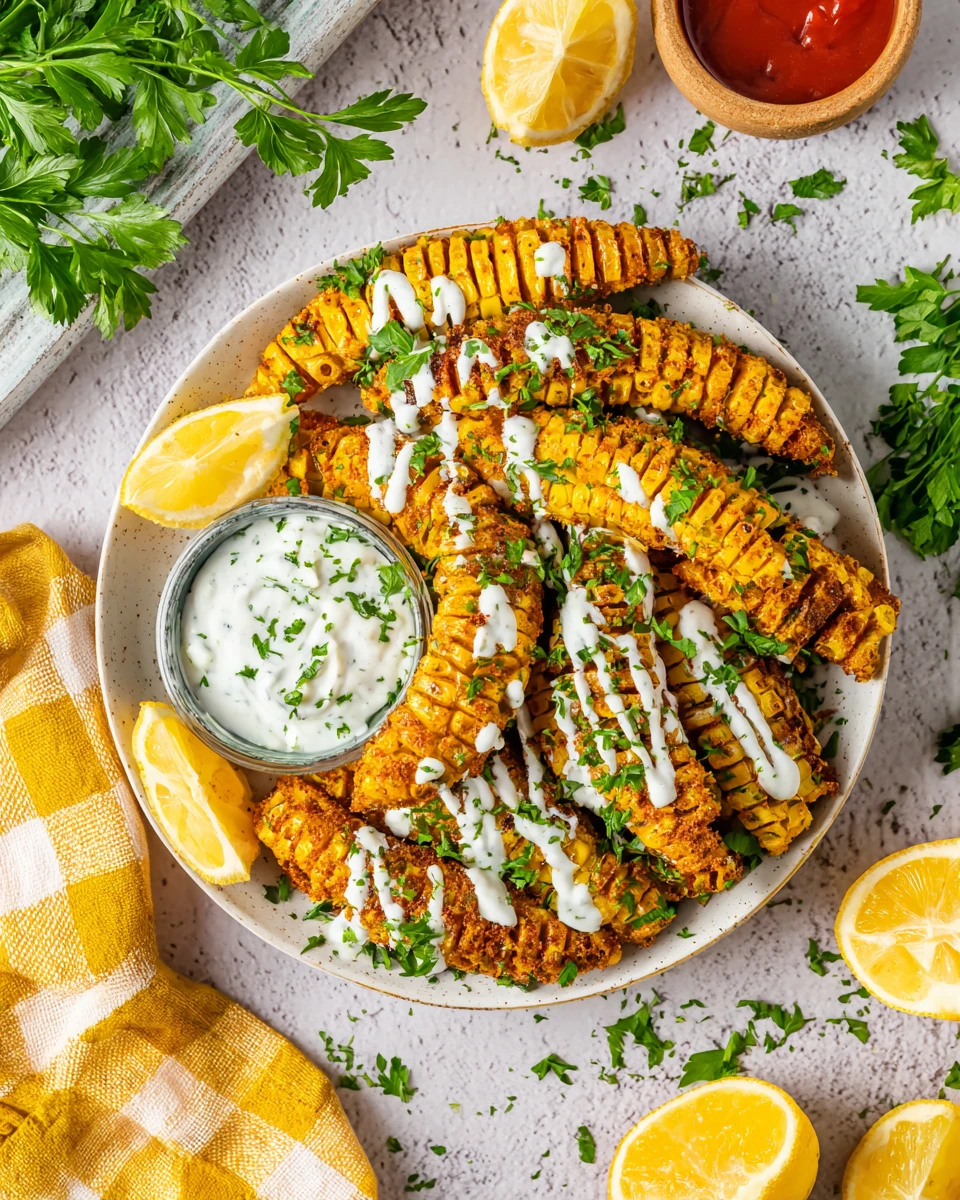 Crispy air fryer corn ribs with creamy sauce and herbs on a plate