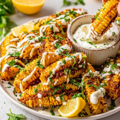 Air fryer corn ribs with creamy dip and fresh herbs