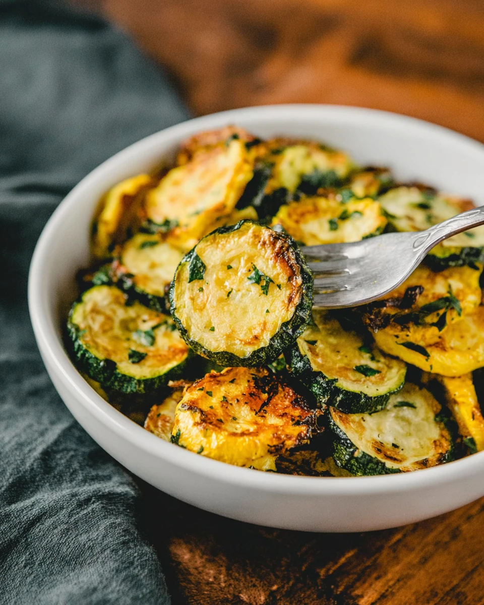 Air fryer yellow squash & zucchini slices on fork, crispy and seasoned, served in white bowl
