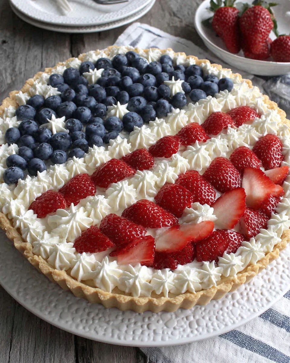 American flag fruit tart with strawberries, blueberries, and cream on a white plate