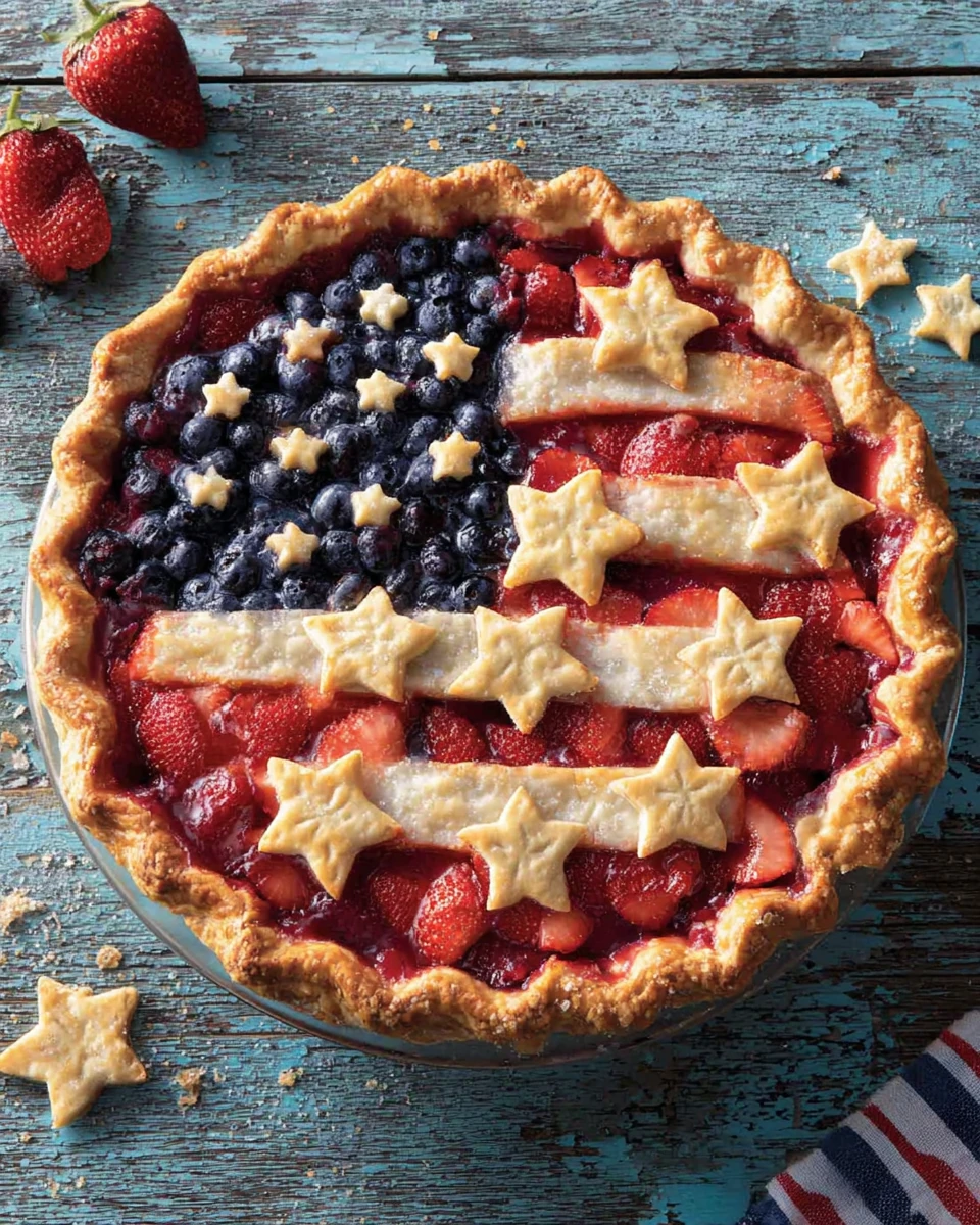 American flag pie with strawberry and blueberry filling, star and stripe crust design