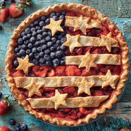 American flag pie with strawberry and blueberry filling, golden crust, and star and stripe design on rustic wood