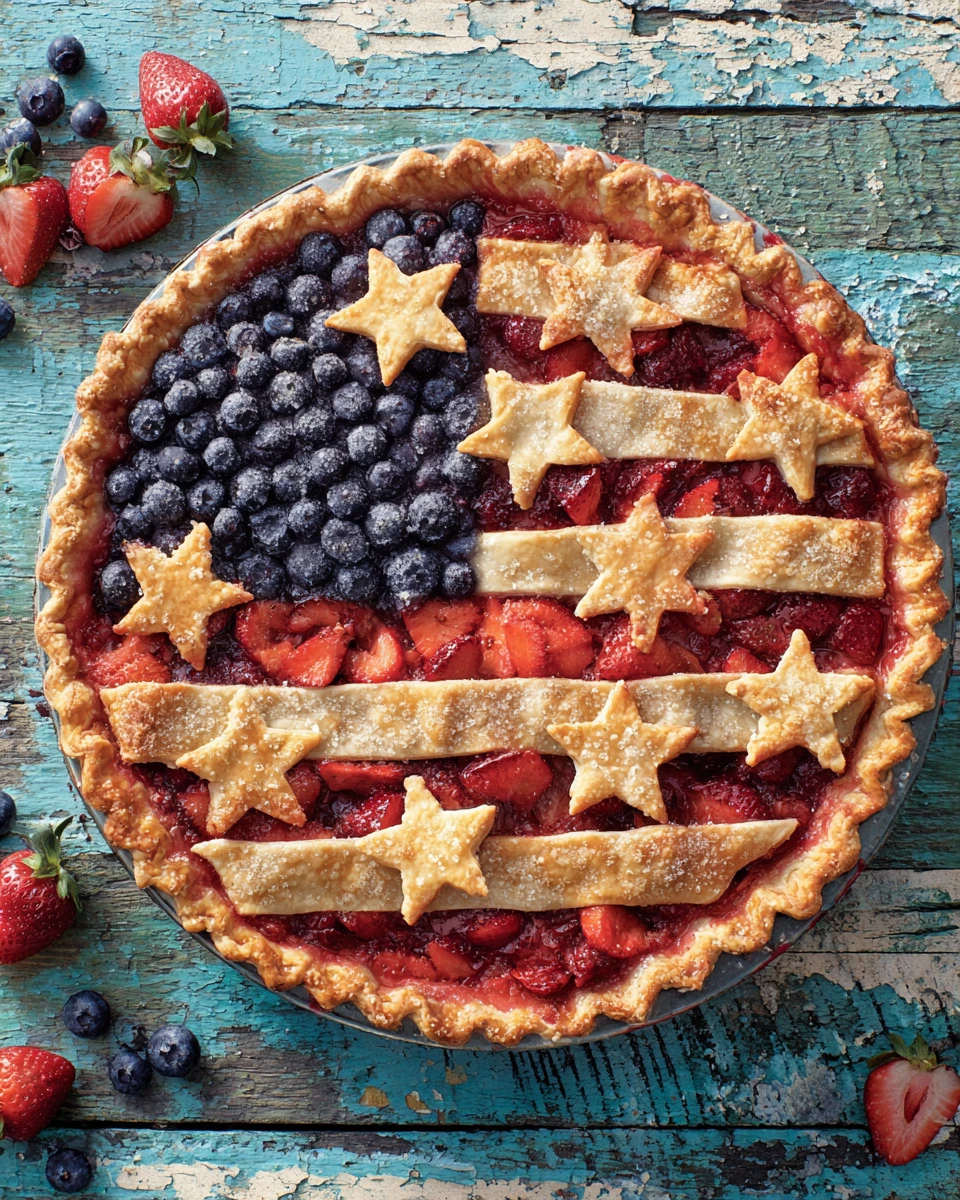 American flag pie with strawberry and blueberry filling, golden crust, and star and stripe design on rustic wood