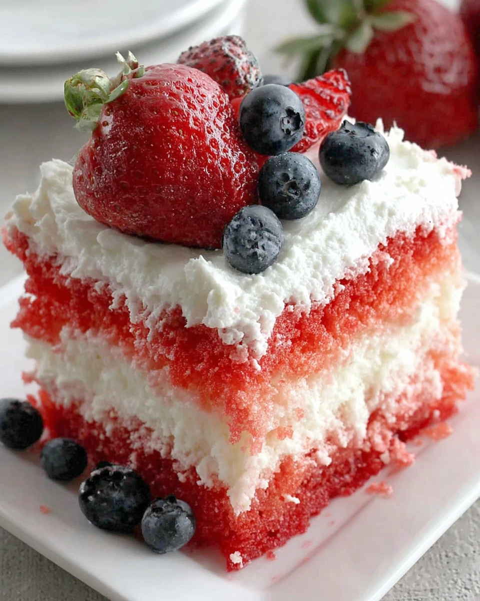 American flag strawberry poke cake slice with strawberries and blueberries