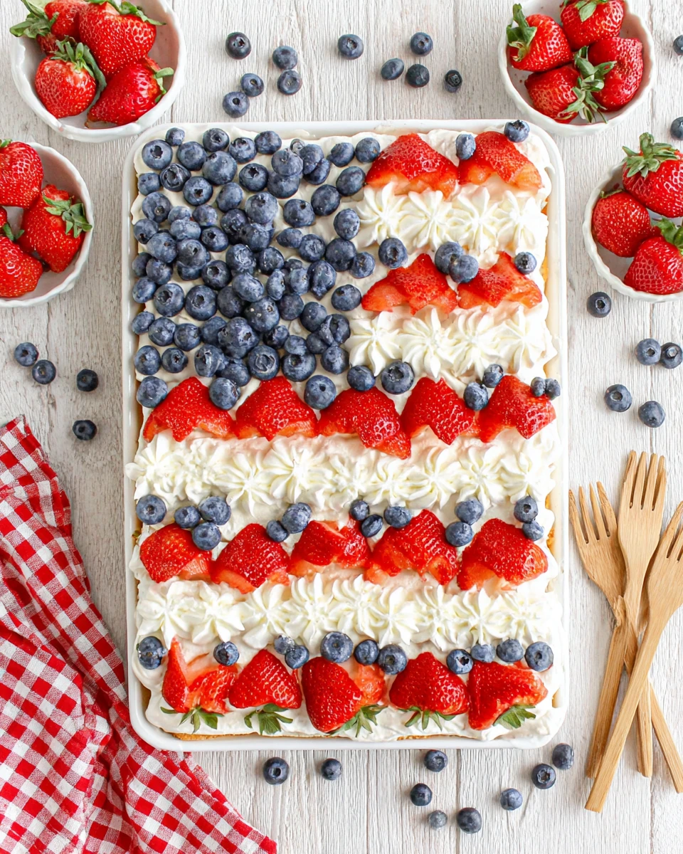 Angel food flag cake with strawberries, blueberries, and whipped cream