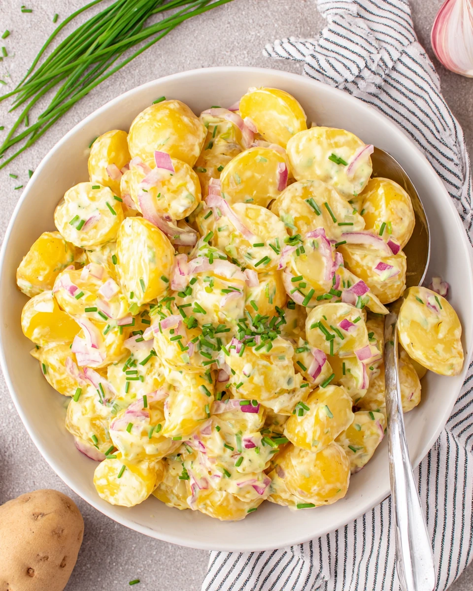 Authentic Austrian Potato Salad with Fresh Herbs Austrian potato salad with chives and red onions in a white bowl