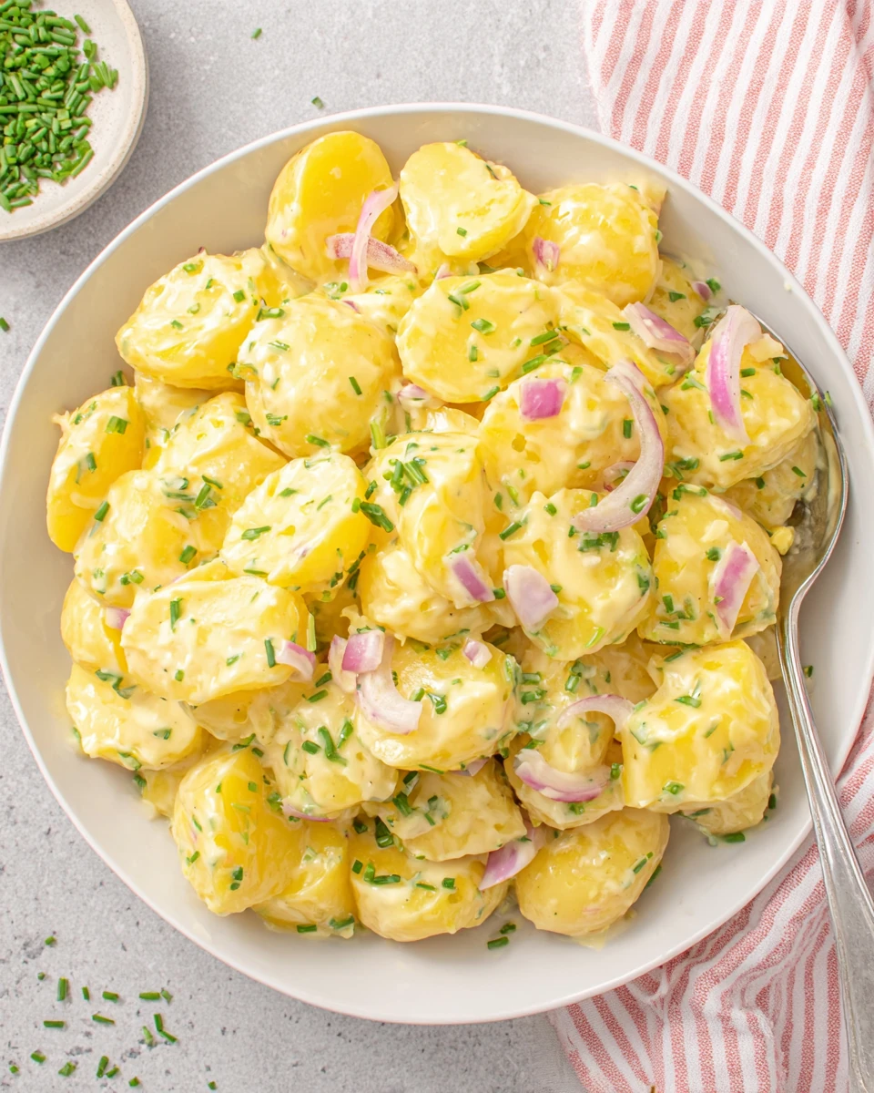 Authentic Austrian Potato Salad with Chives and Mustard Dressing Austrian potato salad with sliced potatoes, red onions, and chives in a creamy dressing