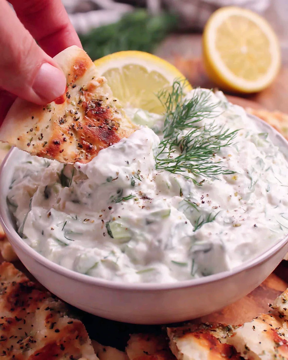 Authentic Greek tzatziki with fresh dill and lemon, served with za'atar pita
