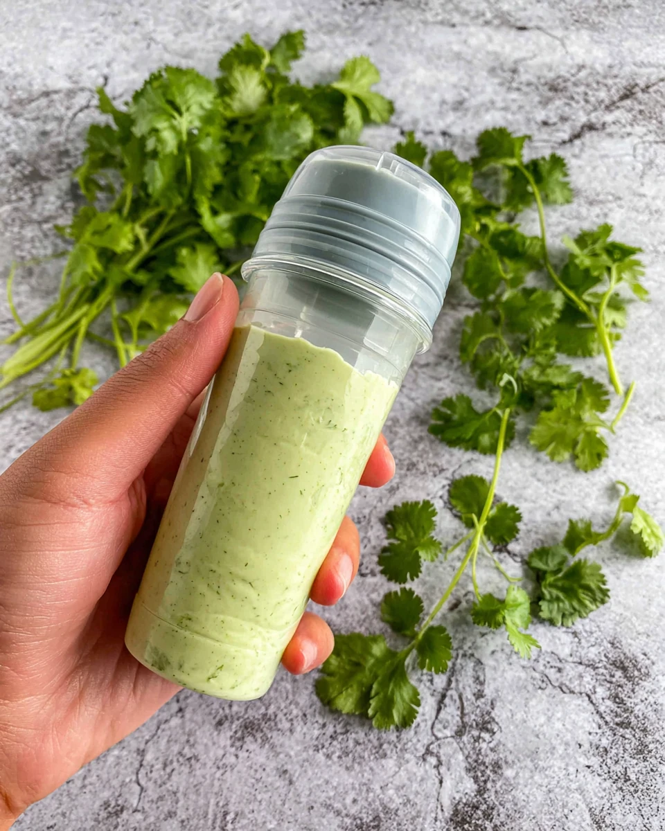 Hand holding a squeeze bottle of creamy avocado crema with fresh cilantro on marble