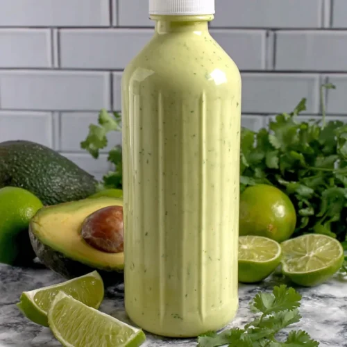 Creamy avocado crema in a squeeze bottle with fresh avocados, limes, and cilantro