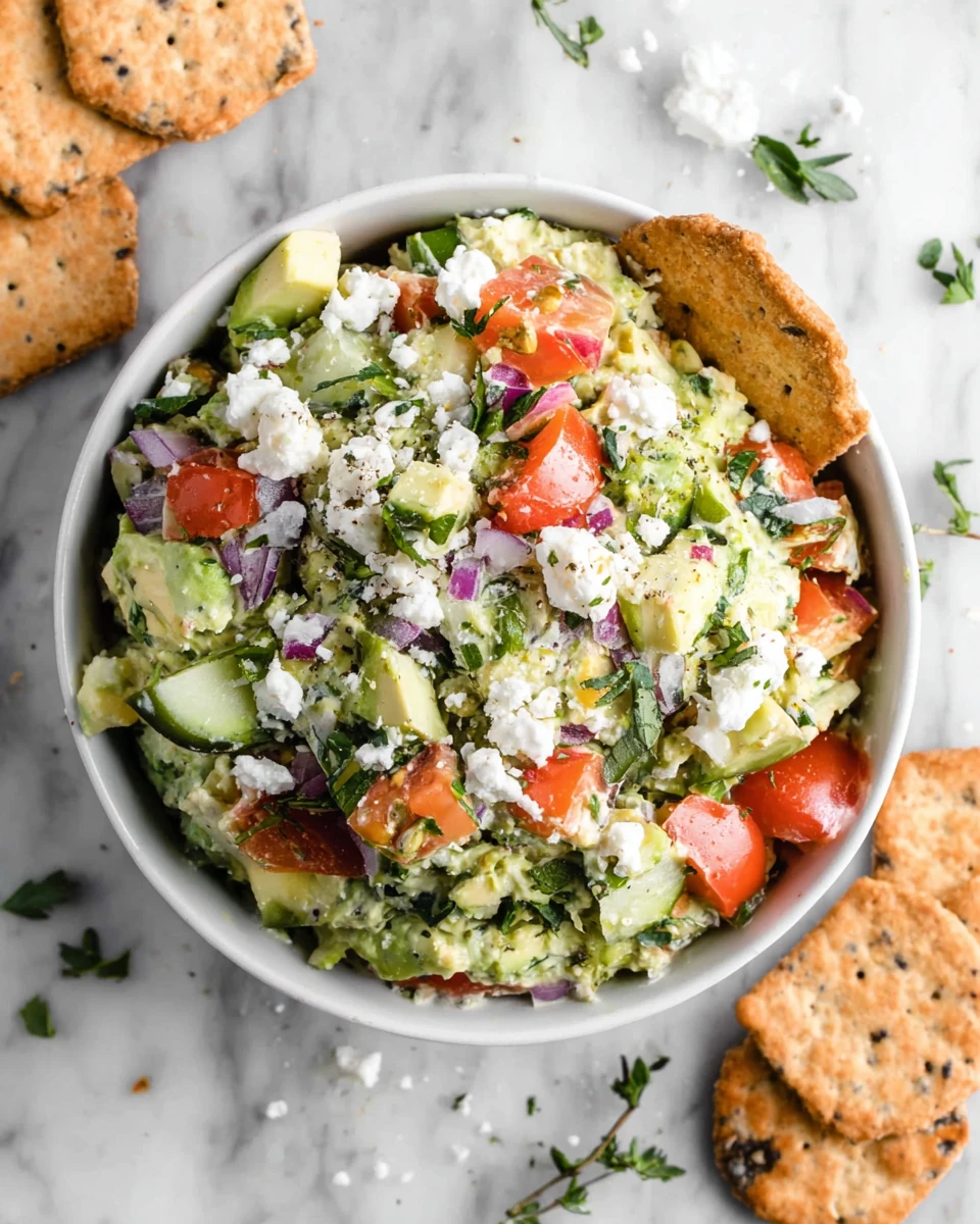 Avocado feta dip with tomatoes, herbs, and crackers in a white bowl
