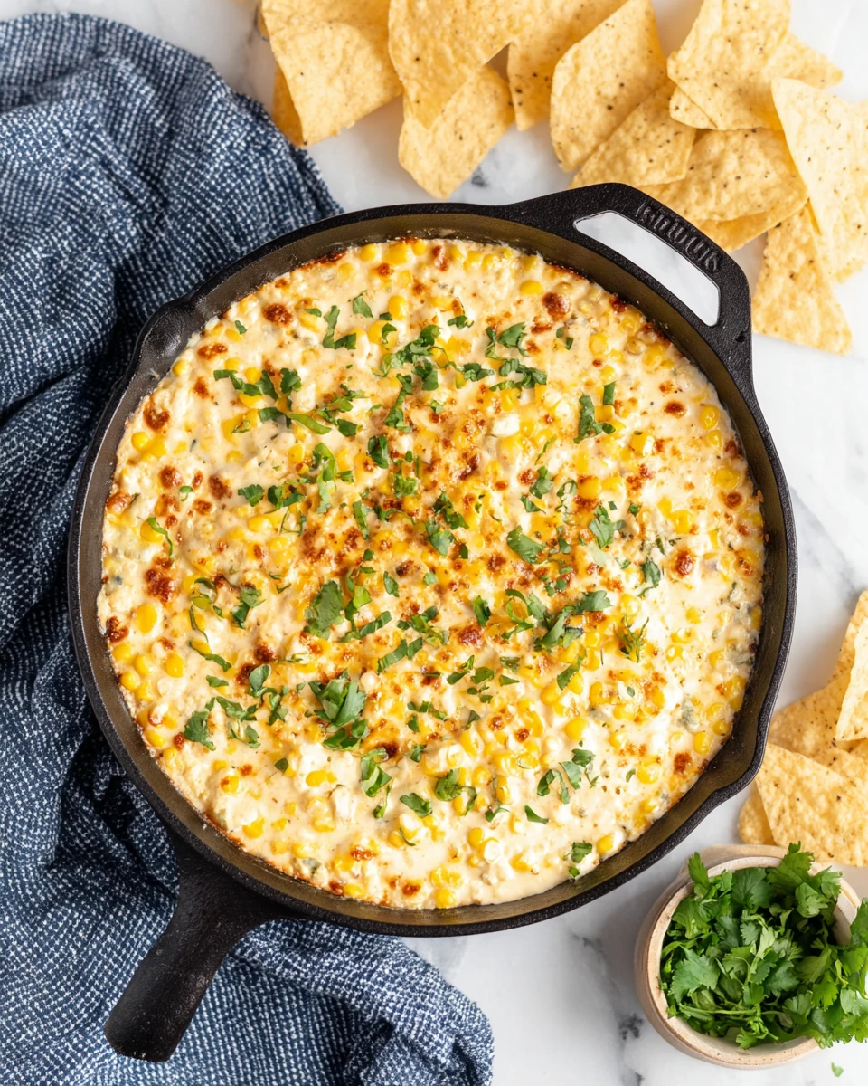 Baked elote dip in a skillet with crispy cheese, corn, cilantro, and tortilla chips