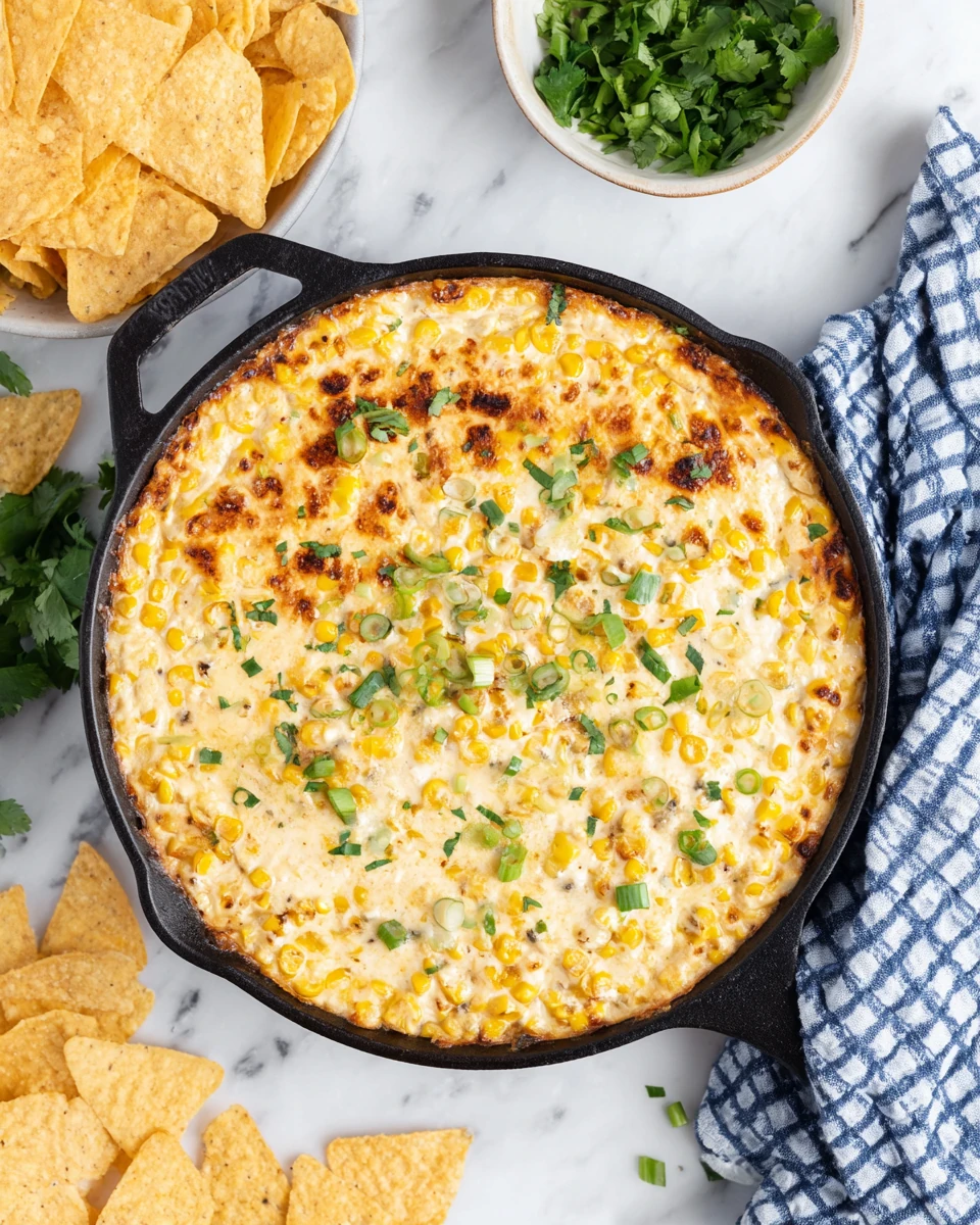 Creamy baked elote dip in a skillet, topped with green onions and cilantro, served with tortilla chips