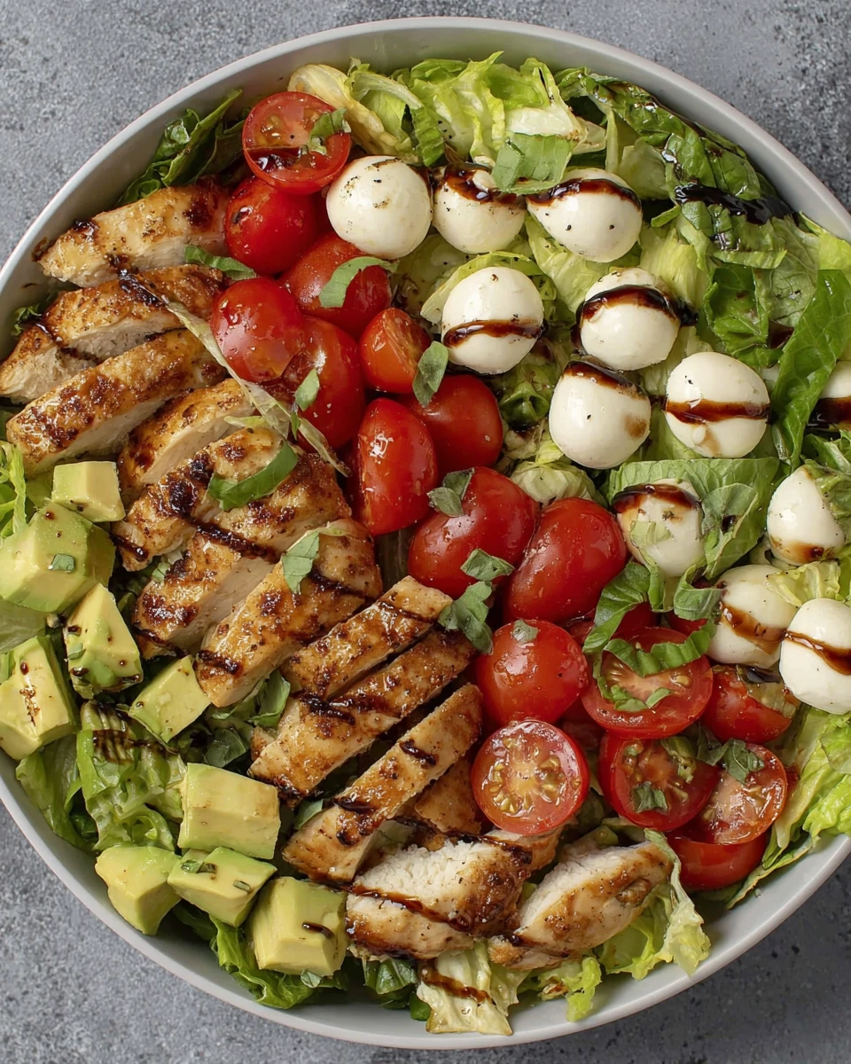Balsamic chicken avocado caprese salad with grilled chicken, avocado, tomatoes, mozzarella, and basil in a white bowl