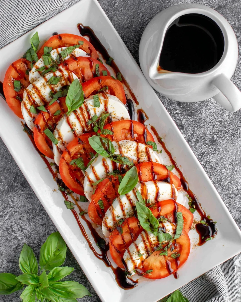 Caprese salad drizzled with balsamic glaze and fresh basil