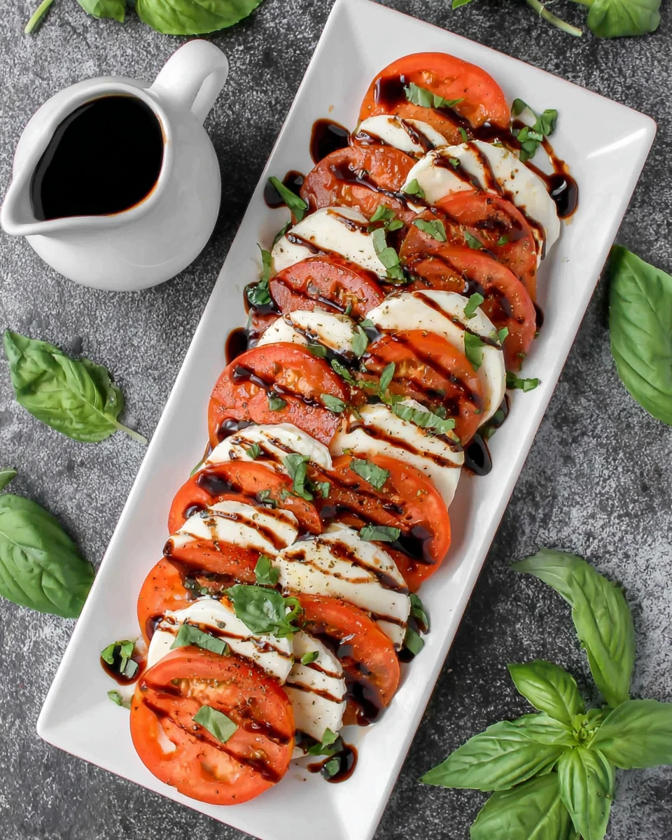 Caprese salad drizzled with balsamic glaze on a white plate with fresh basil