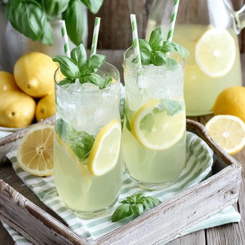 Two glasses of basil lemonade with lemon slices and basil garnish on a tray