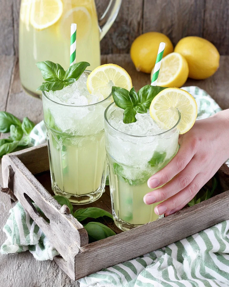 Two glasses of basil lemonade with lemon slices and basil garnish, served with striped straws