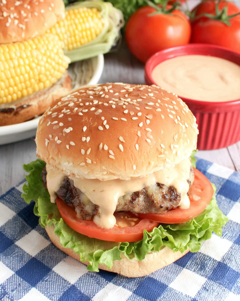 Juicy BBQ burger with cheese, lettuce, tomato, and sauce on a sesame bun, served with corn on the cob