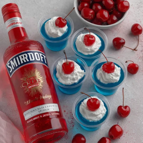 Berry blue jello shots with whipped cream and cherries, Smirnoff vodka bottle
