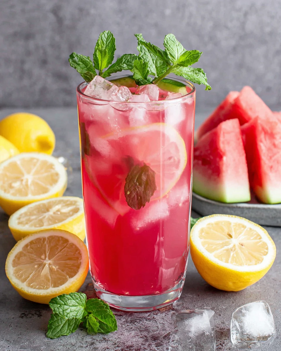 Best watermelon lemonade in a glass with ice, mint, and lemon slices