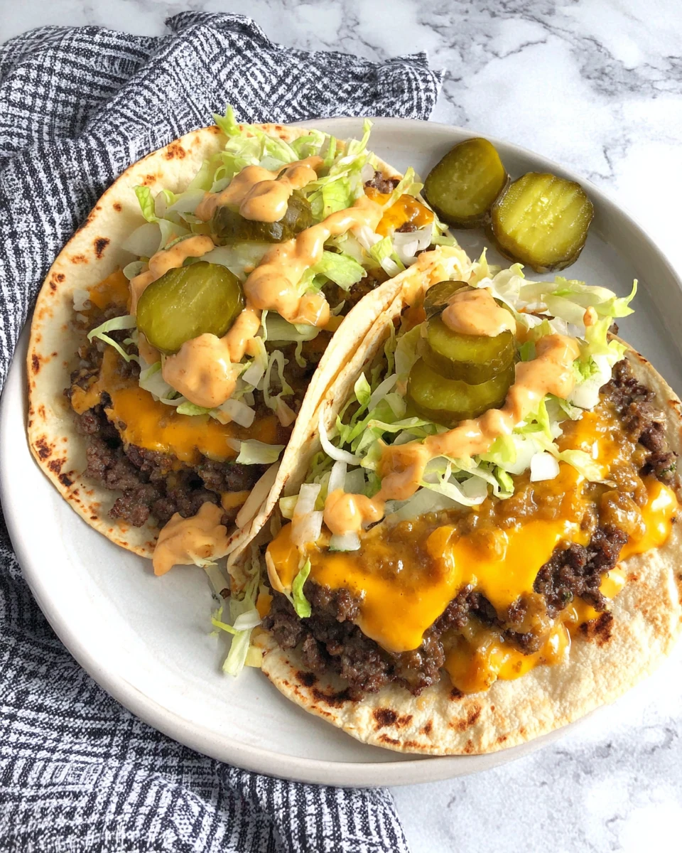 Big Mac Smash Burger Tacos with Cheese and Sauce Big Mac smash burger tacos with cheese, pickles, lettuce, and sauce on a white plate