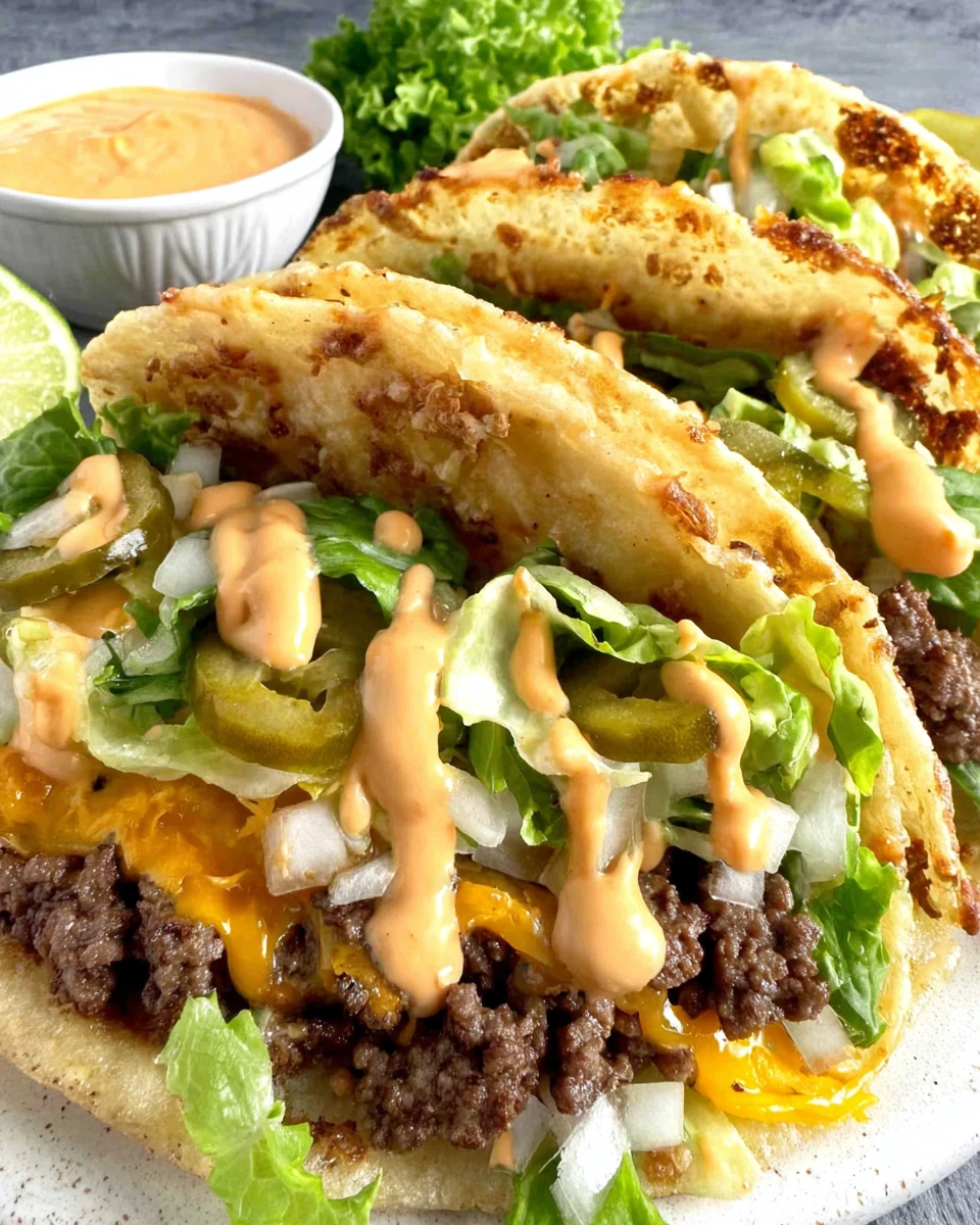 Big Mac Smash Burger Tacos with Melted Cheese and Fresh Toppings Big Mac Smash Burger Tacos with cheese, lettuce, onions, and sauce