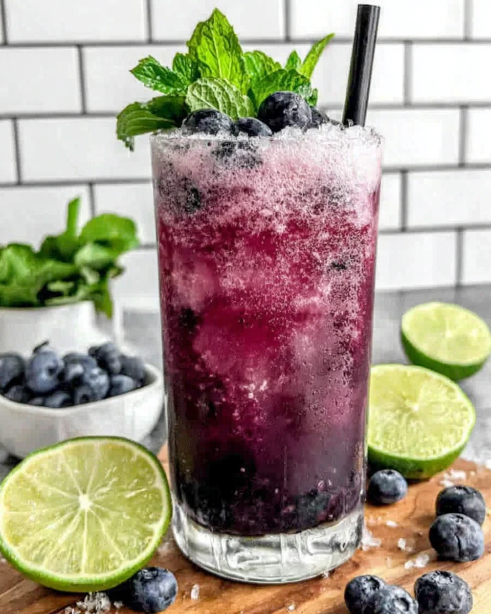Refreshing blueberry agua fresca in a glass with mint and lime garnish