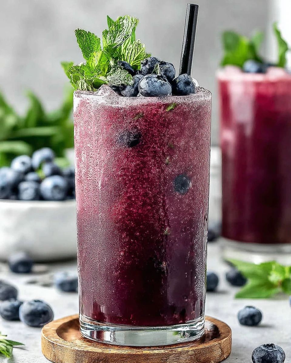 Blueberry agua fresca in a glass with mint and blueberries, served over ice