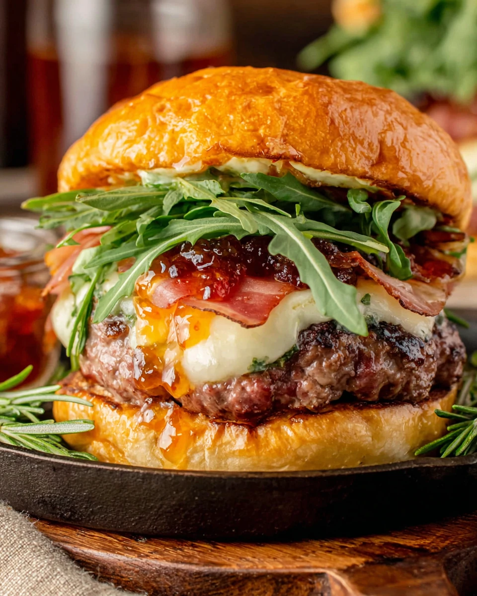 Juicy brie burger with melted cheese, crispy prosciutto, and apricot jam on a toasted brioche bun.