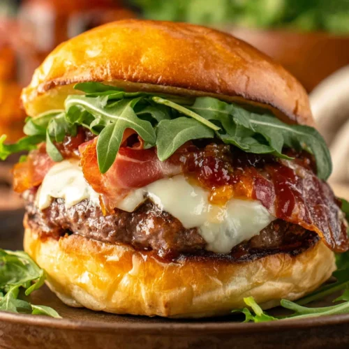 Brie burger with melted cheese, crispy prosciutto, and apricot jam on a toasted brioche bun.