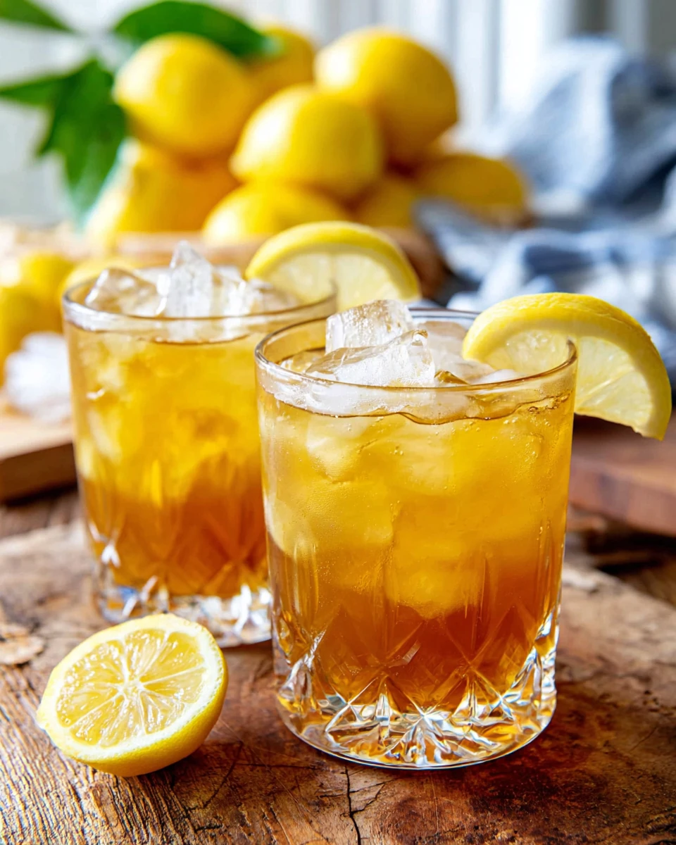 Two glasses of brown sugar lemonade with ice and lemon slices, fresh lemons in background