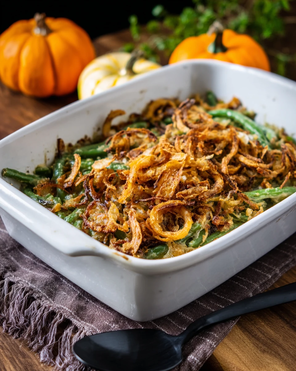 Campbell's Green Bean Casserole in a white dish with crispy onion topping