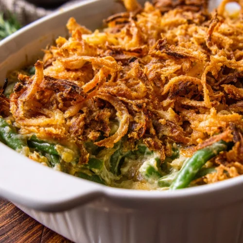 Campbell's Green Bean Casserole with crispy onion topping in white dish