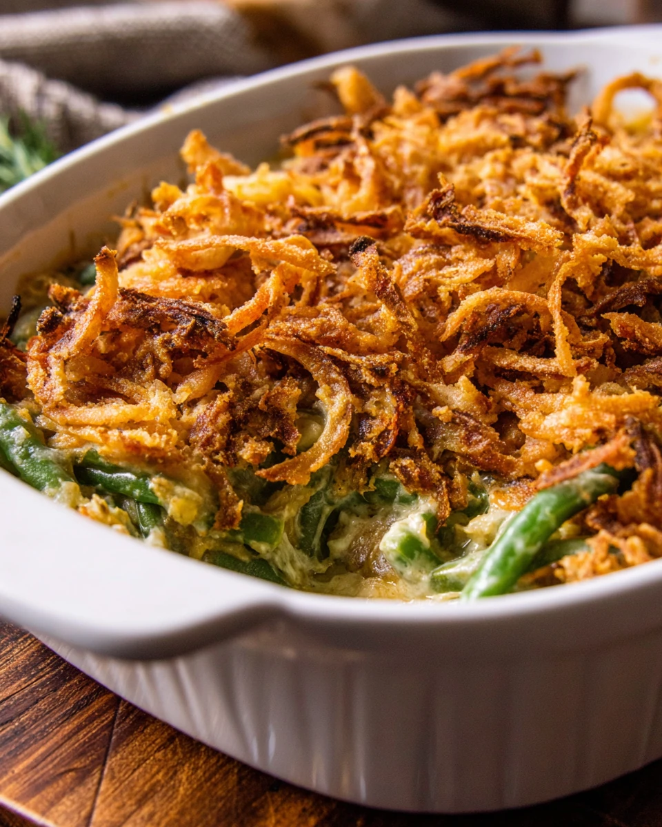 Campbell's Green Bean Casserole with crispy onion topping in white dish