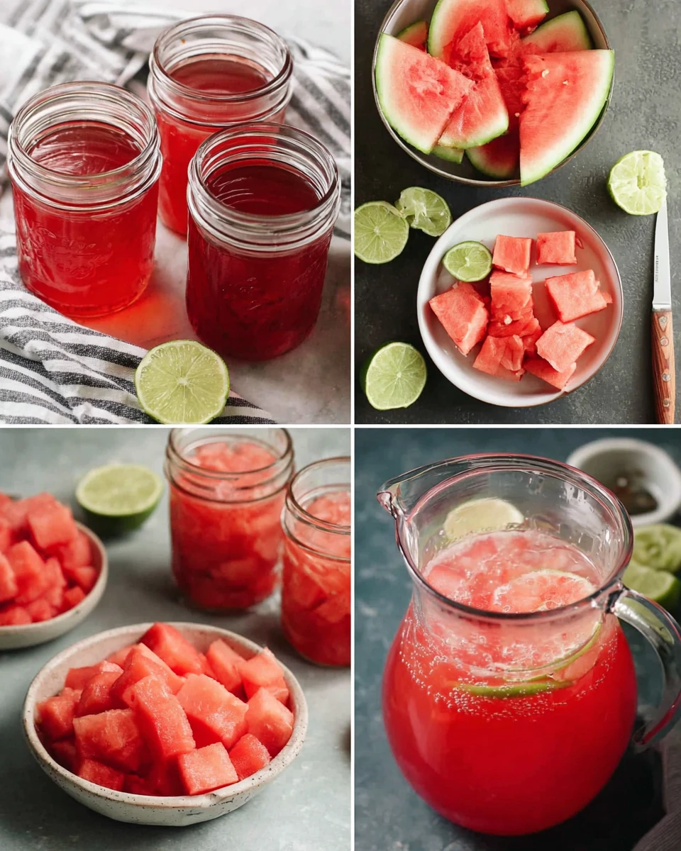Canning watermelon lemonade concentrate in jars with fresh fruit and lime slices.