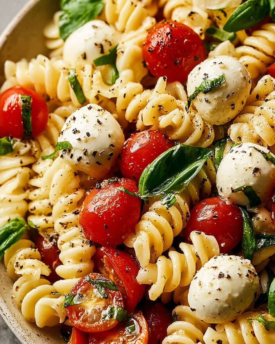 Caprese pasta salad with fresh tomatoes, mozzarella, and basil