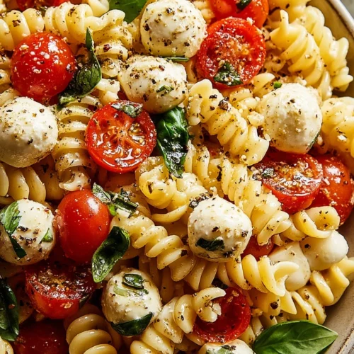 Caprese pasta salad with fresh tomatoes, mozzarella, and basil