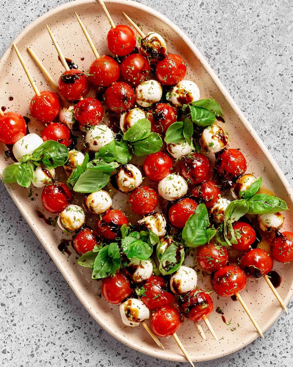 Caprese salad skewers with cherry tomatoes, mozzarella, and basil on a platter