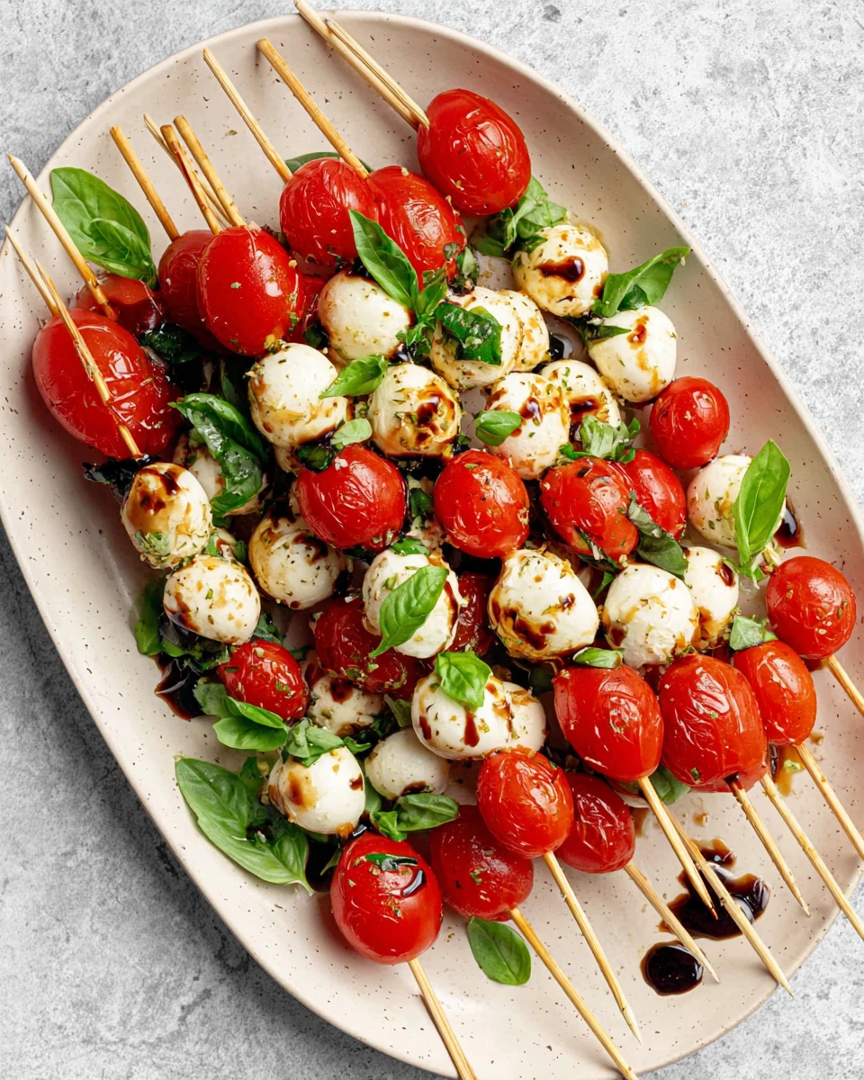 Caprese salad skewers with cherry tomatoes, mozzarella, and basil on a platter