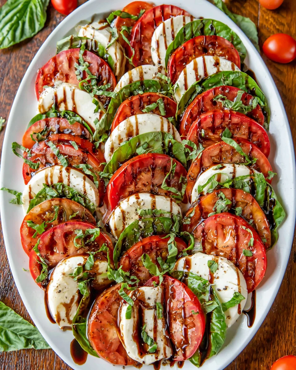 Caprese salad with balsamic glaze on a white platter
