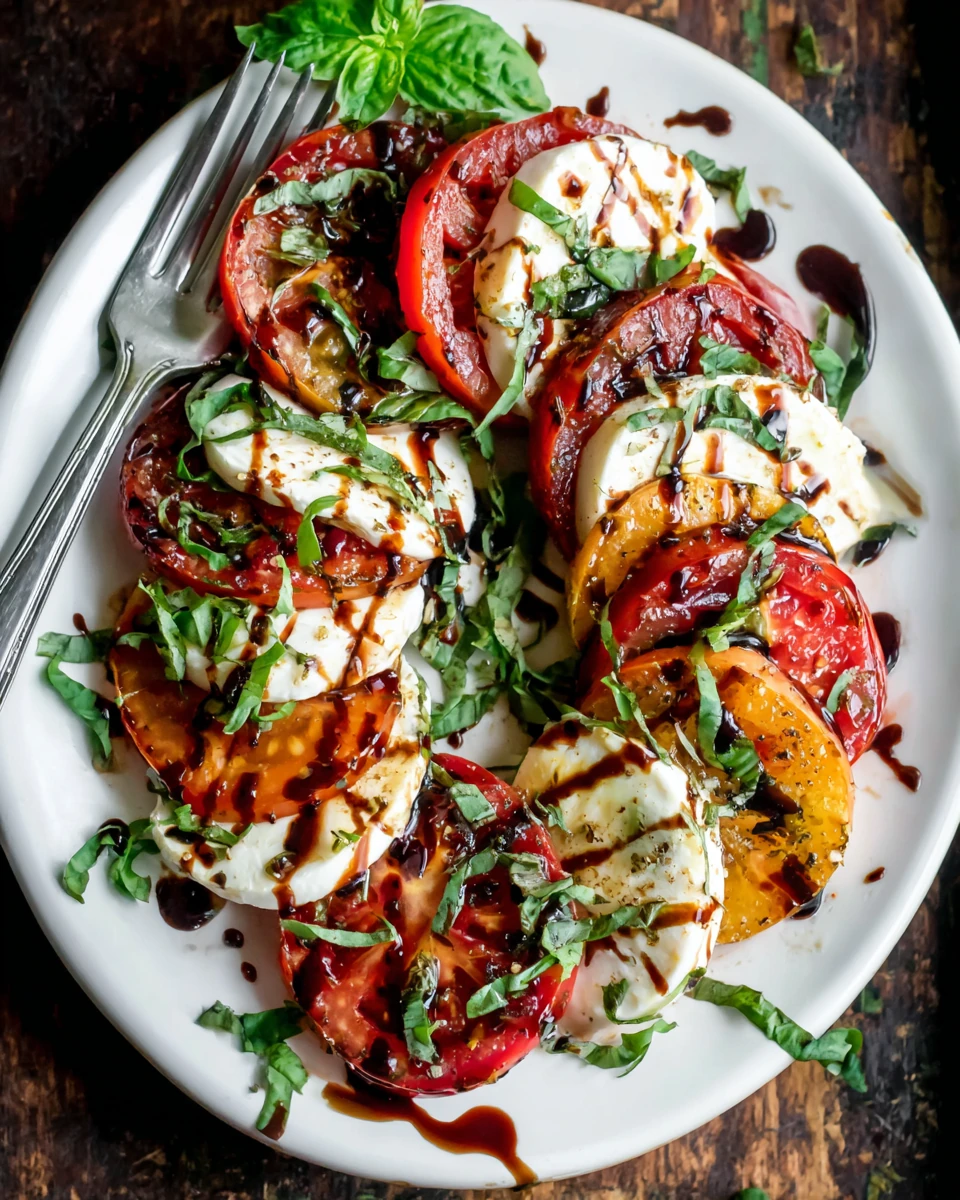 Caprese salad with balsamic glaze on a white plate with fresh tomatoes, mozzarella, and basil