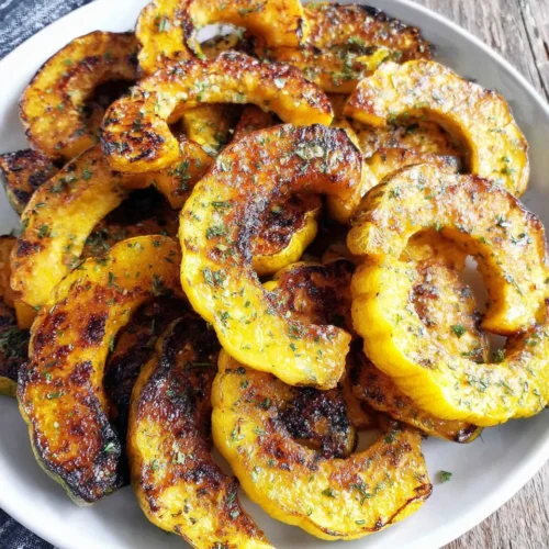 Caramelized roasted yellow squash with herbs on a white plate